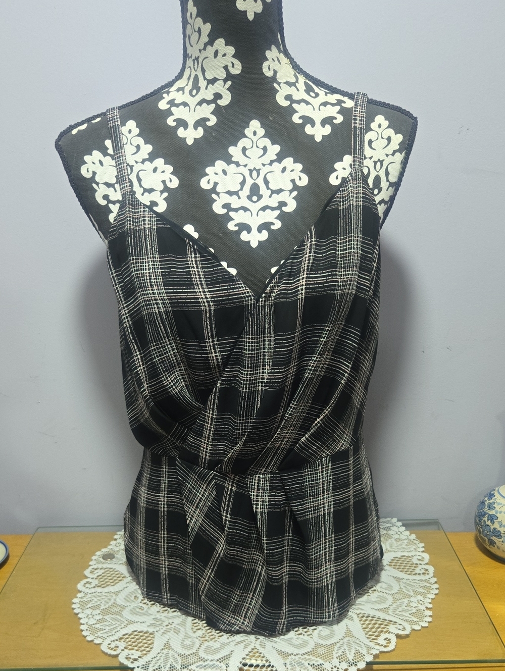White House Black Market Black & White Plaid Wrap Tank Top